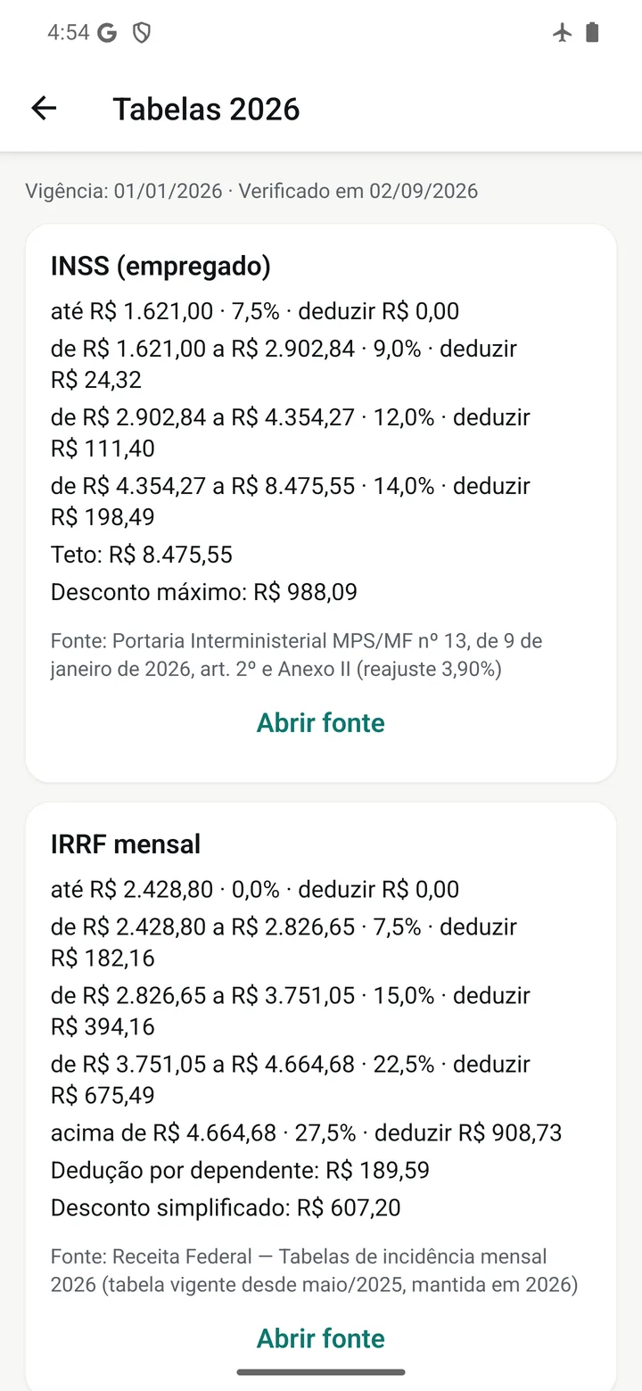 Tela do CalcCLT: Tabelas 2026