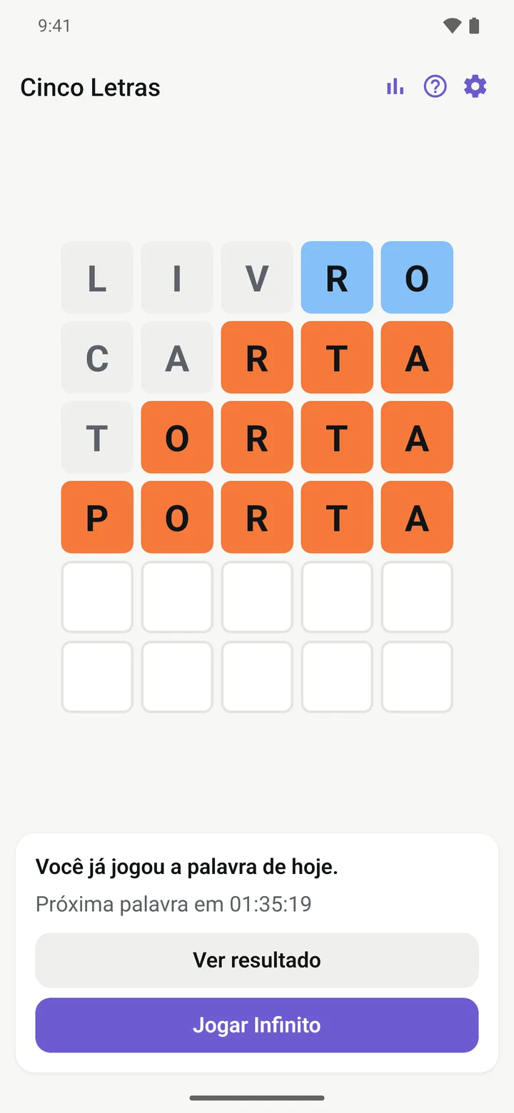 Tela do Cinco Letras: Modo daltônico