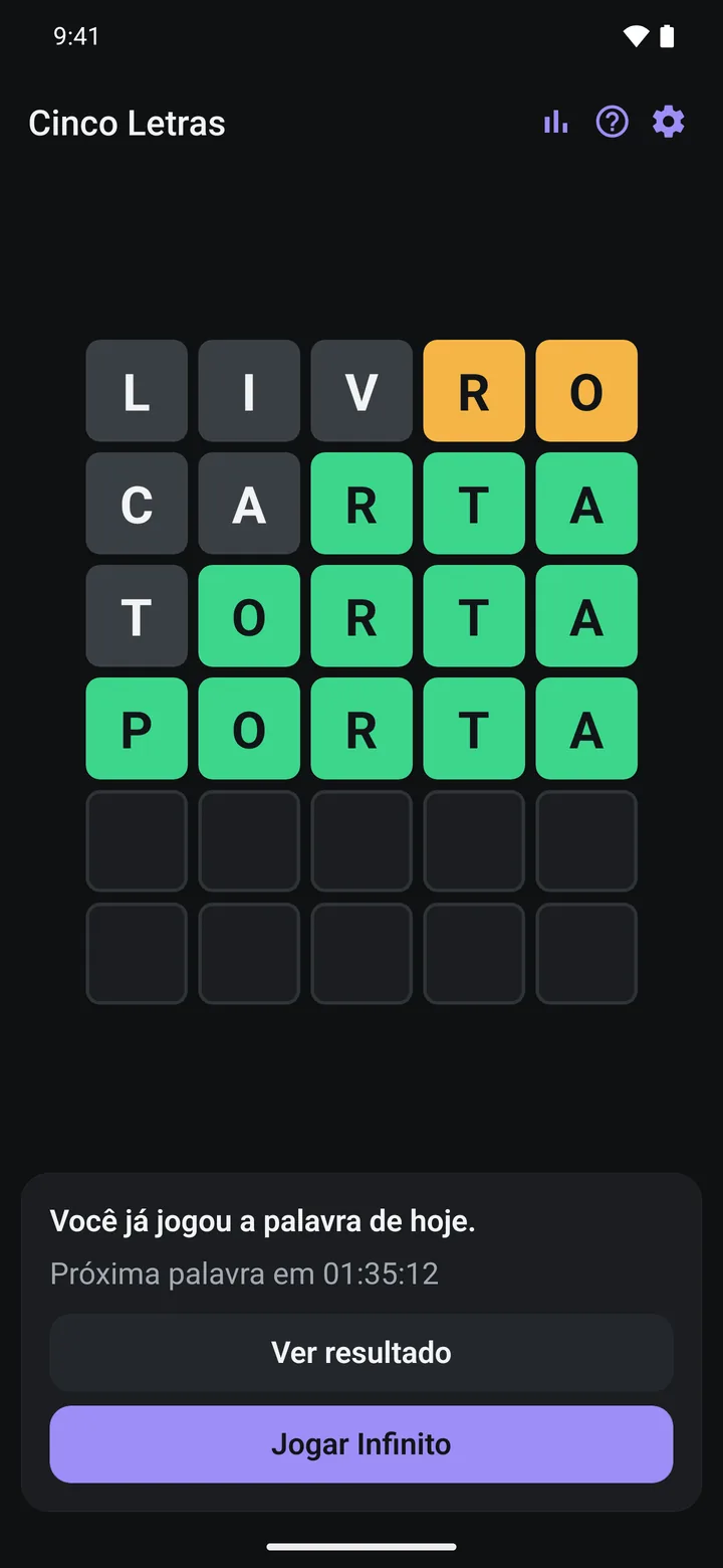 Tela do Cinco Letras: Tema escuro