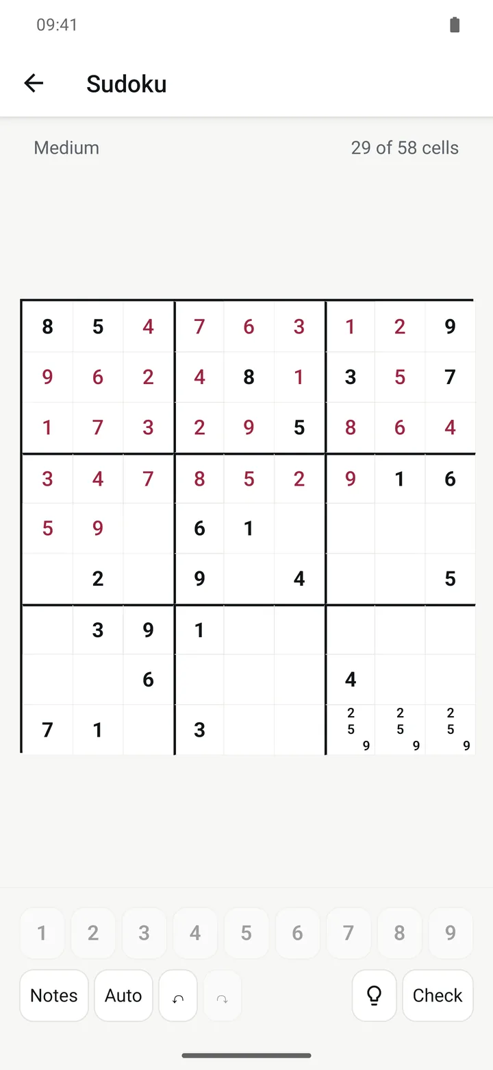 Stixa screen: Sudoku with notes, free checking and unlimited undo.
